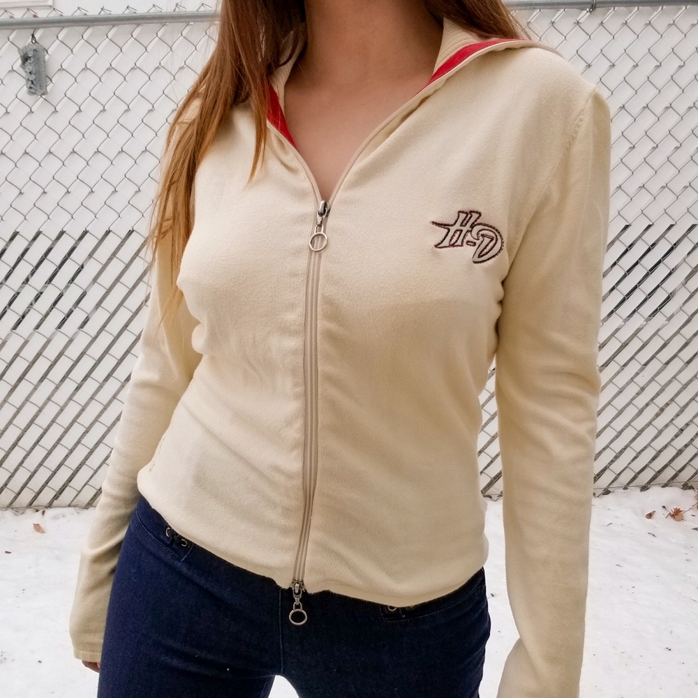 Harley-Davidson two way zipper cream knit zip up sweater M